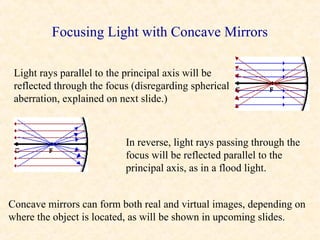 Focusing Light with Concave Mirrors

 Light rays parallel to the principal axis will be
 reflected through the focus (disregarding spherical
 aberration, explained on next slide.)



                           In reverse, light rays passing through the
                           focus will be reflected parallel to the
                           principal axis, as in a flood light.


Concave mirrors can form both real and virtual images, depending on
where the object is located, as will be shown in upcoming slides.
 