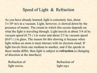 Speed of Light & Refraction

As you have already learned, light is extremely fast, about
3 × 108 m/s in a vacuum. Light, however, is slowed down by the
presence of matter. The extent to which this occurs depends on
what the light is traveling through. Light travels at about 3/4 of its
vacuum speed (0.75 c ) in water and about 2/3 its vacuum speed
(0.67 c ) in glass. The reason for this slowing is because when
light strikes an atom it must interact with its electron cloud. If
light travels from one medium to another, and if the speeds in
these media differ, then light is subject to refraction (a changing
of direction at the interface).

  Refraction of                           Refraction of
  light waves                             light rays
 