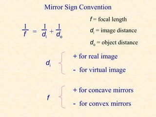 Mirror Sign Convention
                     f = focal length
1   1     1
                     di = image distance
f = d i + do
                     do = object distance

               + for real image
      di
               - for virtual image

               + for concave mirrors
       f
               - for convex mirrors
 
