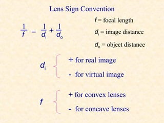 Lens Sign Convention
                      f = focal length
1   1  1
f = d +d              di = image distance
     i   o
                      do = object distance

              + for real image
    di
              - for virtual image

              + for convex lenses
    f
              - for concave lenses
 