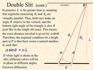 Double Slit              (cont.)                screen                P
In practice, L is far greater than a, meaning
that segments measuring d1 and d2 are
virtually parallel. Thus, both rays make an
angle θ relative to the vertical, and the
bottom right angle of the triangle is also θ
(just like in the single slit case). This means
the extra distance traveled is given by a sinθ.            d1
Therefore, the required condition for a bright                      d2
spot at P is that there exists a natural number,                             L
n, such that:
  a sinθ = n λ                                     θ            θ
If white light is shone at the
slits, different colors will be
in phase at different angles.
Electron diffraction                                   a
 