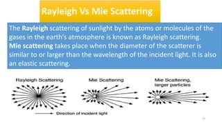 Rayleigh Vs Mie Scattering
The Rayleigh scattering of sunlight by the atoms or molecules of the
gases in the earth’s atmosphere is known as Rayleigh scattering.
Mie scattering takes place when the diameter of the scatterer is
similar to or larger than the wavelength of the incident light. It is also
an elastic scattering.
15
 