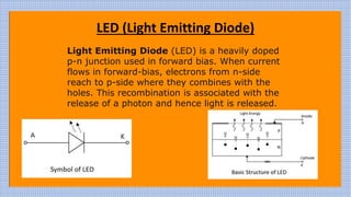 LED (Light Emitting Diode)
Light Emitting Diode (LED) is a heavily doped
p-n junction used in forward bias. When current
flows in forward-bias, electrons from n-side
reach to p-side where they combines with the
holes. This recombination is associated with the
release of a photon and hence light is released.
 