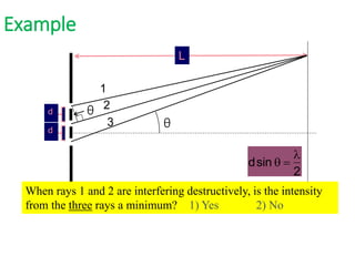 θ
d
L
θ
d
1
2
3
Example
When rays 1 and 2 are interfering destructively, is the intensity
from the three rays a minimum? 1) Yes 2) No
dsin q 

2
 
