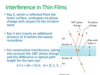 Interference in Thin Films
• Ray 2, which is reflected from the
lower surface, undergoes no phase
change with respect to the incident
wave
• Ray 2 also travels an additional
distance of 2t before the waves
recombine
• For constructive interference, taking
into account the 180° phase change
and the difference in optical path
length for the two rays:
2 n t = (m + ½) λ; m = 0, 1, 2 …
 