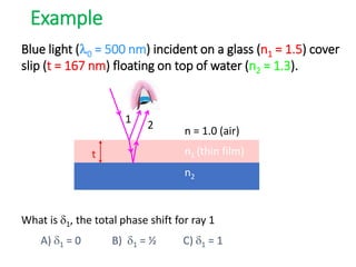 Example
n1 (thin film)
n2
n = 1.0 (air)
t
1 2
Blue light (0 = 500 nm) incident on a glass (n1 = 1.5) cover
slip (t = 167 nm) floating on top of water (n2 = 1.3).
A) d1 = 0 B) d1 = ½ C) d1 = 1
What is d1, the total phase shift for ray 1
 