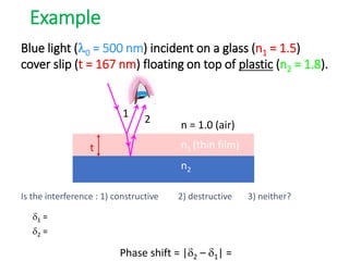 Example
n1 (thin film)
n2
n = 1.0 (air)
t
1 2
Blue light (0 = 500 nm) incident on a glass (n1 = 1.5)
cover slip (t = 167 nm) floating on top of plastic (n2 = 1.8).
d1 =
d2 =
Phase shift = |d2 – d1| =
Is the interference : 1) constructive 2) destructive 3) neither?
 