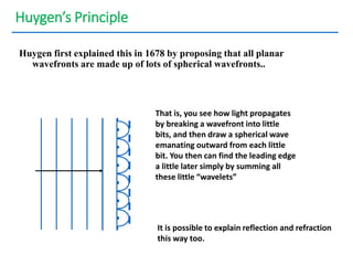 Huygen’s Principle
Huygen first explained this in 1678 by proposing that all planar
wavefronts are made up of lots of spherical wavefronts..
That is, you see how light propagates
by breaking a wavefront into little
bits, and then draw a spherical wave
emanating outward from each little
bit. You then can find the leading edge
a little later simply by summing all
these little “wavelets”
It is possible to explain reflection and refraction
this way too.
 