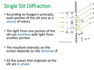 Single Slit Diffraction
• According to Huygen’s principle,
each portion of the slit acts as a
source of waves
• The light from one portion of the
slit can interfere with light from
another portion
• The resultant intensity on the
screen depends on the direction θ
• All the waves that originate at the
slit are in phase
 