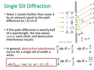 Single Slit Diffraction
• Wave 1 travels farther than wave 3
by an amount equal to the path
difference (a / 2) sin θ
• If this path difference is exactly half
of a wavelength, the two waves
cancel each other and destructive
interference results
• In general, destructive interference
occurs for a single slit of width a
when
sin θdark = mλ / a; m = 1, 2, …
2
sin
2

q 
a
a

q 
sin
a

q
2
sin 
2
sin
4

q 
a
 