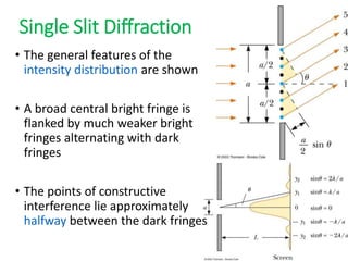 Single Slit Diffraction
• The general features of the
intensity distribution are shown
• A broad central bright fringe is
flanked by much weaker bright
fringes alternating with dark
fringes
• The points of constructive
interference lie approximately
halfway between the dark fringes
 