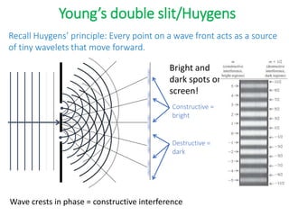 Young’s double slit/Huygens
Recall Huygens’ principle: Every point on a wave front acts as a source
of tiny wavelets that move forward.
•
•
Wave crests in phase = constructive interference
Bright and
dark spots on
screen!
Constructive =
bright
Destructive =
dark
 