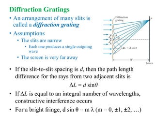 Diffraction Gratings
• An arrangement of many slits is
called a diffraction grating
• Assumptions
• The slits are narrow
• Each one produces a single outgoing
wave
• The screen is very far away
• If the slit-to-slit spacing is d, then the path length
difference for the rays from two adjacent slits is
ΔL = d sinθ
• If ΔL is equal to an integral number of wavelengths,
constructive interference occurs
• For a bright fringe, d sin θ = m λ (m = 0, ±1, ±2, …)
 