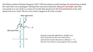 The Dutch scientist Christiaan Huygens (1629–1695) developed a useful technique for determining in detail
how and where waves propagate. Starting from some known position, Huygens’s principle states that
every point on a wave front is a source of wavelets that spread out in the forward direction at the same
speed as the wave itself. The new wave front is tangent to all of the wavelets.
Huygens’s principle applied to a straight wave
front. Each point on the wave front emits a
semicircular wavelet that moves a distance s = vt.
The new wave front is a line tangent to the wavelets.
 