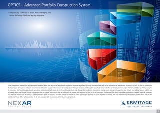 OPTICS – Advanced Portfolio Construction System*
* Adopted by CalPERS to assist with managing risk
  
  across its hedge fund and equity programs.




These presentation materials and the information contained herein, and any oral or other written information disclosed or provided is strictly confidential and may not be reproduced or redistributed, in whole or in part, nor may its contents be
disclosed to any other person under any circumstances without the express written consent of Ermitage Asset Management Jersey Limited, which is a wholly owned subsidiary of Nexar Capital Group SCA (“Nexar Capital Group”, “Nexar Group”).
An investment in a Nexar Group product is speculative and involves a high degree of risk. Nexar Group products may, through their underlying investments, employ certain trading techniques that may include short selling, options, and the use
of leverage which may increase the risk of investment loss. As a result, performance may be volatile and an investor may lose some or all of his or her investment. Furthermore, the ability to withdraw investments or redeem shares or to transfer
such shares or interests will be limited. It is anticipated that there will not be a secondary market for interests or shares in Ermitage’s products nor is any expected to develop. Fees and expenses may offset trading profits. Please refer to the
Confidential Private Offering Memorandum for all risks associated with investments within Nexar Group’s products.
 