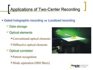 Applications of Two-Center Recording

• Gated holographic recording ⇒ Localized recording
    Data storage

    Optical elements

      Conventional optical elements

      Diffractive optical elements

    Optical correlator

      Pattern recognition

      Mode separation (MM fibers)
 