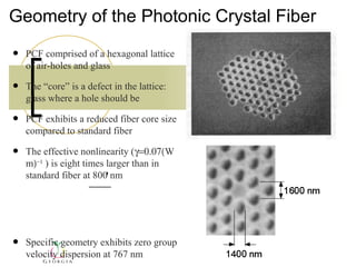 Geometry of the Photonic Crystal Fiber

•   PCF comprised of a hexagonal lattice
    of air-holes and glass

•   The “core” is a defect in the lattice:
    glass where a hole should be

•   PCF exhibits a reduced fiber core size
    compared to standard fiber

•   The effective nonlinearity (γ=0.07(W
    m)−1 ) is eight times larger than in
                 2020ncrωγ≡π
    standard fiber at 800 nm




•   Specific geometry exhibits zero group
    velocity dispersion at 767 nm
 