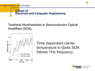Terahertz Nonlinearities in Semiconductor Optical
Amplifiers (SOA)



                    Time dependent carrier
                    temperature in GaAs SOA
                    follows THz frequency
 