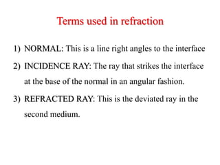 Terms used in refraction
1) NORMAL: This is a line right angles to the interface
2) INCIDENCE RAY: The ray that strikes the interface
at the base of the normal in an angular fashion.
3) REFRACTED RAY: This is the deviated ray in the
second medium.
 