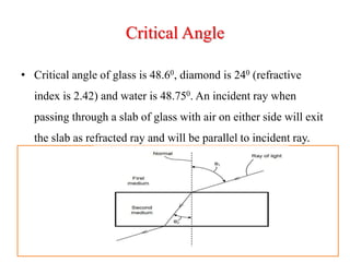 Critical Angle
• Critical angle of glass is 48.60, diamond is 240 (refractive
index is 2.42) and water is 48.750. An incident ray when
passing through a slab of glass with air on either side will exit
the slab as refracted ray and will be parallel to incident ray.
 