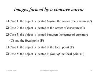 Images formed by a concave mirror
 Case 1: the object is located beyond the center of curvature (C)
 Case 2: the object is located at the center of curvature (C)
 Case 3: the object is located between the center of curvature
(C) and the focal point (F)
 Case 4: the object is located at the focal point (F)
 Case 5: the object is located in front of the focal point (F)
17 March 2017 59anjumk38dmc@gmail.com
 