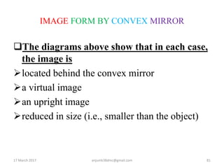 IMAGE FORM BY CONVEX MIRROR
The diagrams above show that in each case,
the image is
located behind the convex mirror
a virtual image
an upright image
reduced in size (i.e., smaller than the object)
17 March 2017 81anjumk38dmc@gmail.com
 