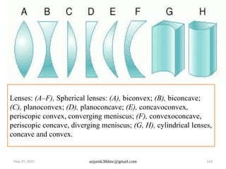 May 29, 2025 anjumk38dmc@gmail.com 124
Lenses: (A–F), Spherical lenses: (A), biconvex; (B), biconcave;
(C), planoconvex; (D), planoconcave; (E), concavoconvex,
periscopic convex, converging meniscus; (F), convexoconcave,
periscopic concave, diverging meniscus; (G, H), cylindrical lenses,
concave and convex.
 