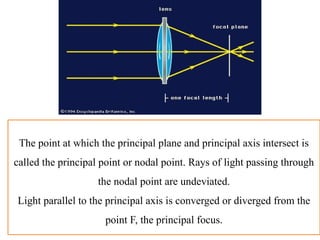 May 29, 2025 anjumk38dmc@gmail.com 133
The point at which the principal plane and principal axis intersect is
called the principal point or nodal point. Rays of light passing through
the nodal point are undeviated.
Light parallel to the principal axis is converged or diverged from the
point F, the principal focus.
 