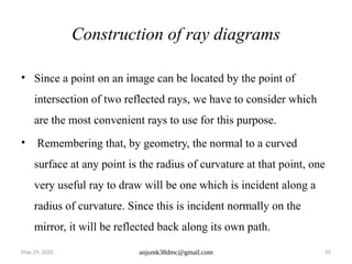 May 29, 2025 anjumk38dmc@gmail.com 55
Construction of ray diagrams
• Since a point on an image can be located by the point of
intersection of two reflected rays, we have to consider which
are the most convenient rays to use for this purpose.
• Remembering that, by geometry, the normal to a curved
surface at any point is the radius of curvature at that point, one
very useful ray to draw will be one which is incident along a
radius of curvature. Since this is incident normally on the
mirror, it will be reflected back along its own path.
 