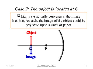 May 29, 2025 anjumk38dmc@gmail.com 65
Case 2: The object is located at C
Light rays actually converge at the image
location. As such, the image of the object could be
projected upon a sheet of paper.
 