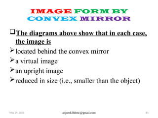 May 29, 2025 anjumk38dmc@gmail.com 81
IMAGE FORM BY
CONVEX MIRROR
The diagrams above show that in each case,
the image is
located behind the convex mirror
a virtual image
an upright image
reduced in size (i.e., smaller than the object)
 