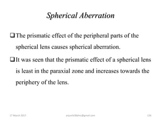 Spherical Aberration
The prismatic effect of the peripheral parts of the
spherical lens causes spherical aberration.
It was seen that the prismatic effect of a spherical lens
is least in the paraxial zone and increases towards the
periphery of the lens.
17 March 2017 126anjumk38dmc@gmail.com
 
