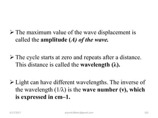  The maximum value of the wave displacement is
called the amplitude (A) of the wave.
 The cycle starts at zero and repeats after a distance.
This distance is called the wavelength (λ).
 Light can have different wavelengths. The inverse of
the wavelength (1/λ) is the wave number (ν), which
is expressed in cm–1.
3/17/2017 162anjumk38dmc@gmail.com
 