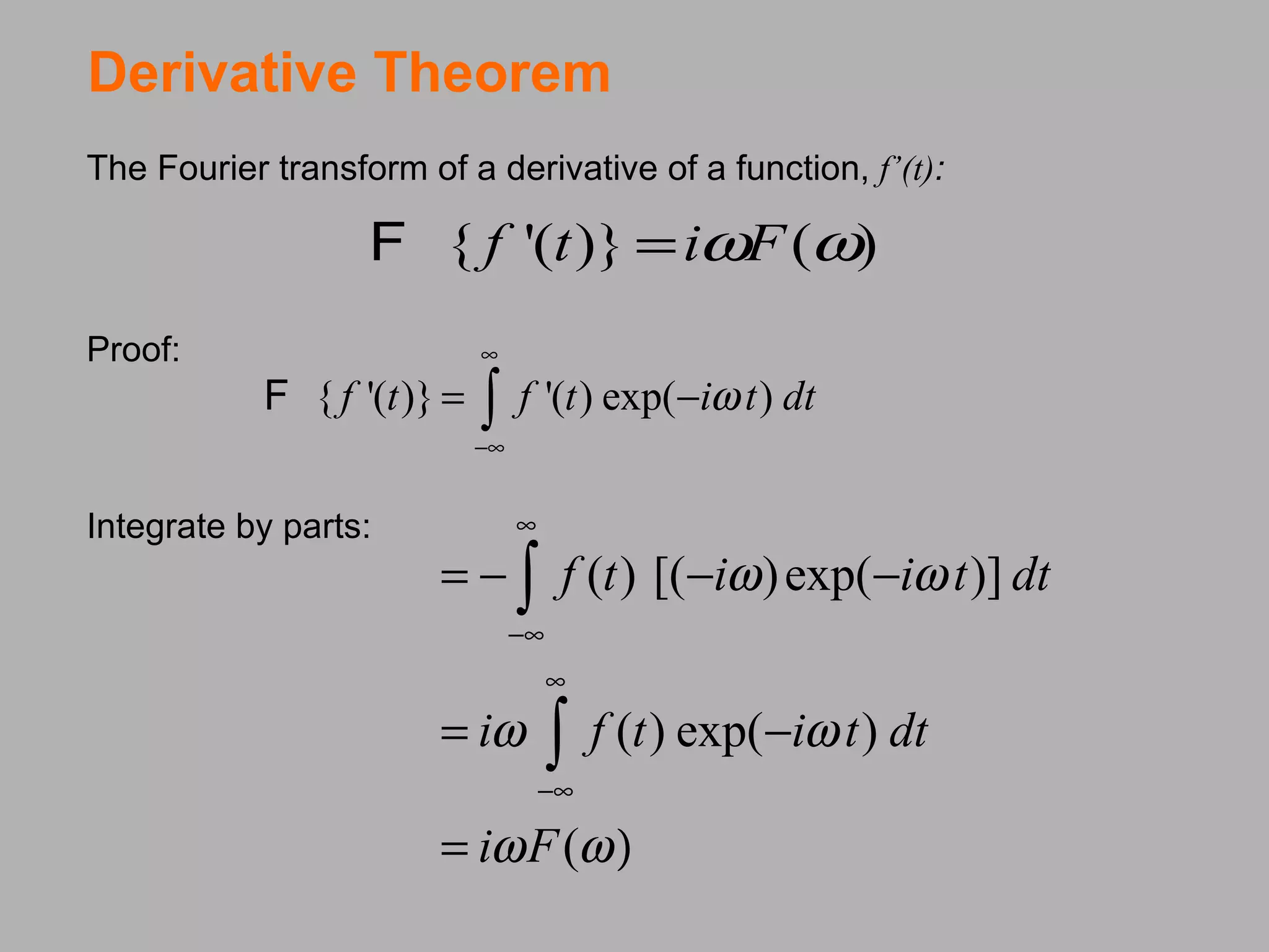 Derivative Theorem   The Fourier transform of a derivative of a function,  f’(t) :         Proof: Integrate by parts: 