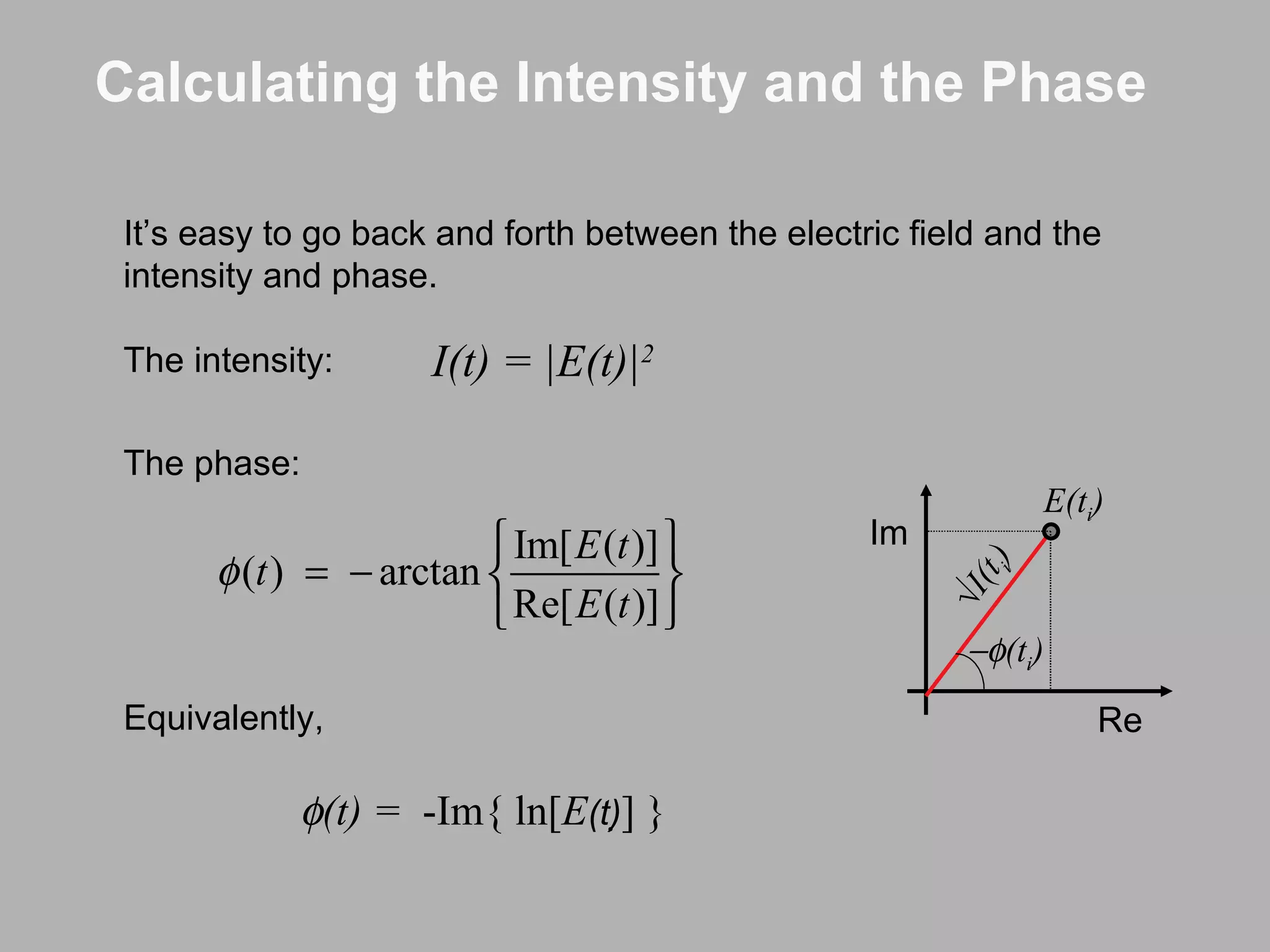 Calculating the Intensity and the Phase It’s easy to go back and forth between the electric field and the intensity and phase. The intensity:  (t) =  -Im{ ln[ E (t)  ] } The phase: Equivalently,  (t i ) Re Im E(t i ) √ I(t i ) I(t) = |E(t)| 2 
