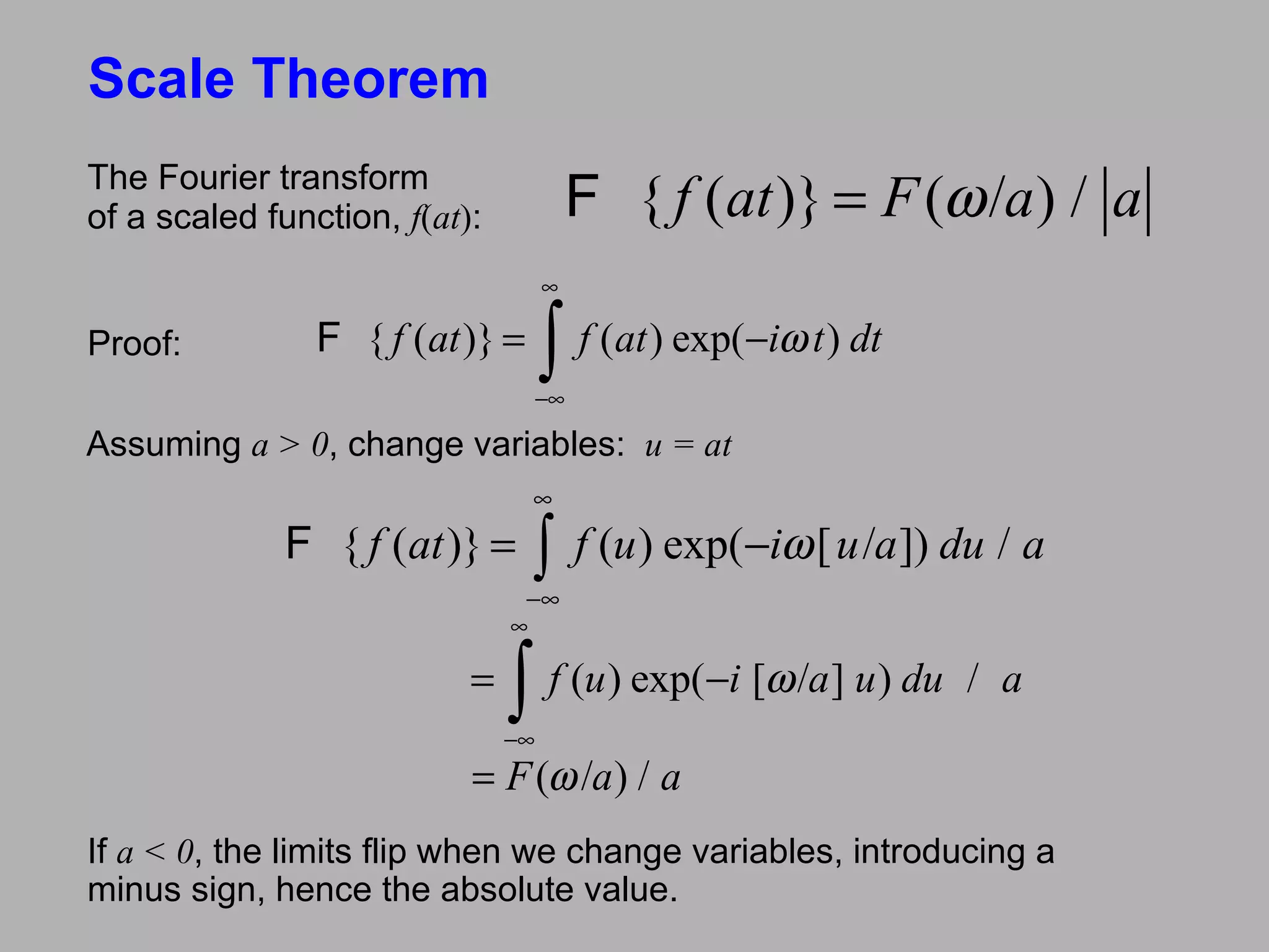 Scale Theorem The Fourier transform  of a scaled function,  f ( at ) : If  a < 0 , the limits flip when we change variables, introducing a minus sign, hence the absolute value. Assuming  a > 0 , change variables:  u = at Proof: 