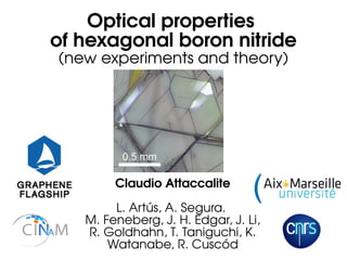 Optical properties
of hexagonal boron nitride
(new experiments and theory)
Claudio Attaccalite
L. Artús, A. Segura.
M. Feneberg, J. H. Edgar, J. Li,
R. Goldhahn, T. Taniguchi, K.
Watanabe, R. Cuscód
 