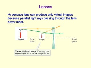 LensesLenses
•A concave lens can produce only virtual imagesA concave lens can produce only virtual images
because parallel light rays passing through the lensbecause parallel light rays passing through the lens
never meet.never meet.
 