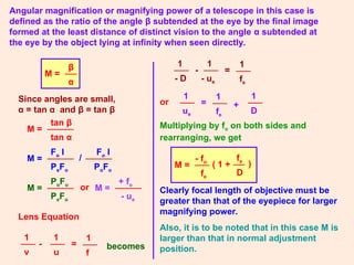 Angular magnification or magnifying power of a telescope in this case is
defined as the ratio of the angle β subtended at the eye by the final image
formed at the least distance of distinct vision to the angle α subtended at
the eye by the object lying at infinity when seen directly.
M =
β
α
Since angles are small,
α = tan α and β = tan β
M =
tan β
tan α
M =
Fo I
PeFo
/
Fo I
PoFo
M =
PoFo
PeFo
M =
+ fo
- ue
Multiplying by fo on both sides and
rearranging, we get
M =
- fo
fe
( 1 +
fe
D
)
-
1
u
1
f
1
v
=
-
1
- ue
1
fe
1
- D
=
or
Lens Equation
becomes
or +
1
ue
1
fe
1
D
=
Clearly focal length of objective must be
greater than that of the eyepiece for larger
magnifying power.
Also, it is to be noted that in this case M is
larger than that in normal adjustment
position.
 