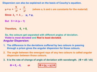 Dispersion can also be explained on the basis of Cauchy’s equation.
μ = a +
b
λ2
c
λ4
+ (where a, b and c are constants for the material)
Since λv < λ r , μv > μr
But δ = A (μ – 1)
Therefore, δv > δr
So, the colours get separated with different angles of deviation.
Violet is most deviated and Red is least deviated.
Angular Dispersion:
1. The difference in the deviations suffered by two colours in passing
through a prism gives the angular dispersion for those colours.
2. The angle between the emergent rays of any two colours is called angular
dispersion between those colours.
3. It is the rate of change of angle of deviation with wavelength. (Φ = dδ / dλ)
Φ = δv - δr or Φ = (μv – μr) A
 