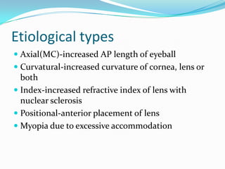 Etiological types
 Axial(MC)-increased AP length of eyeball
 Curvatural-increased curvature of cornea, lens or
both
 Index-increased refractive index of lens with
nuclear sclerosis
 Positional-anterior placement of lens
 Myopia due to excessive accommodation
 