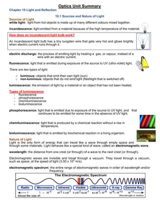 Optics Unit Summary<br />Chapter 10 Light and Reflection<br />10.1 Sources and Nature of Light<br />Sources of Light<br />639381573025white light:  light from hot objects is made up of many different colours mixed together. <br />incandescence: light emitted from a material because of the high temperature of the material.<br />6188710141605<br />How does an incandescent light bulb work?<br />An incandescent light bulb has a tiny tungsten wire that gets very hot and glows brightly when electric current runs through it. <br />6345555166370electric discharge: the process of emitting light by heating a  gas, or vapour, instead of a  wire with an electric current.<br />607506689175<br />fluorescence: light that is emitted during exposure of the source to UV (ultra violet) light.<br />There are two types of light: <br />,[object Object]