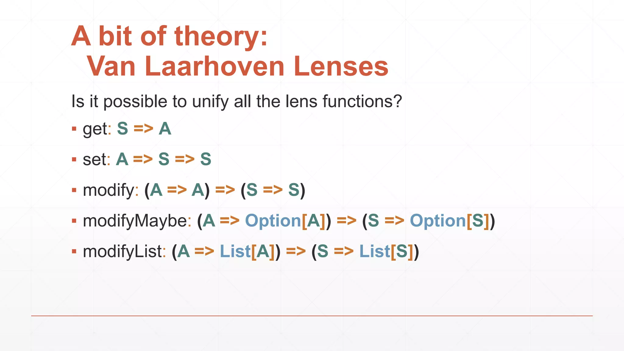 Is it possible to unify all the lens functions?
▪ get: S => A
▪ set: A => S => S
▪ modify: (A => A) => (S => S)
▪ modifyMaybe: (A => Option[A]) => (S => Option[S])
▪ modifyList: (A => List[A]) => (S => List[S])
A bit of theory:
Van Laarhoven Lenses
 