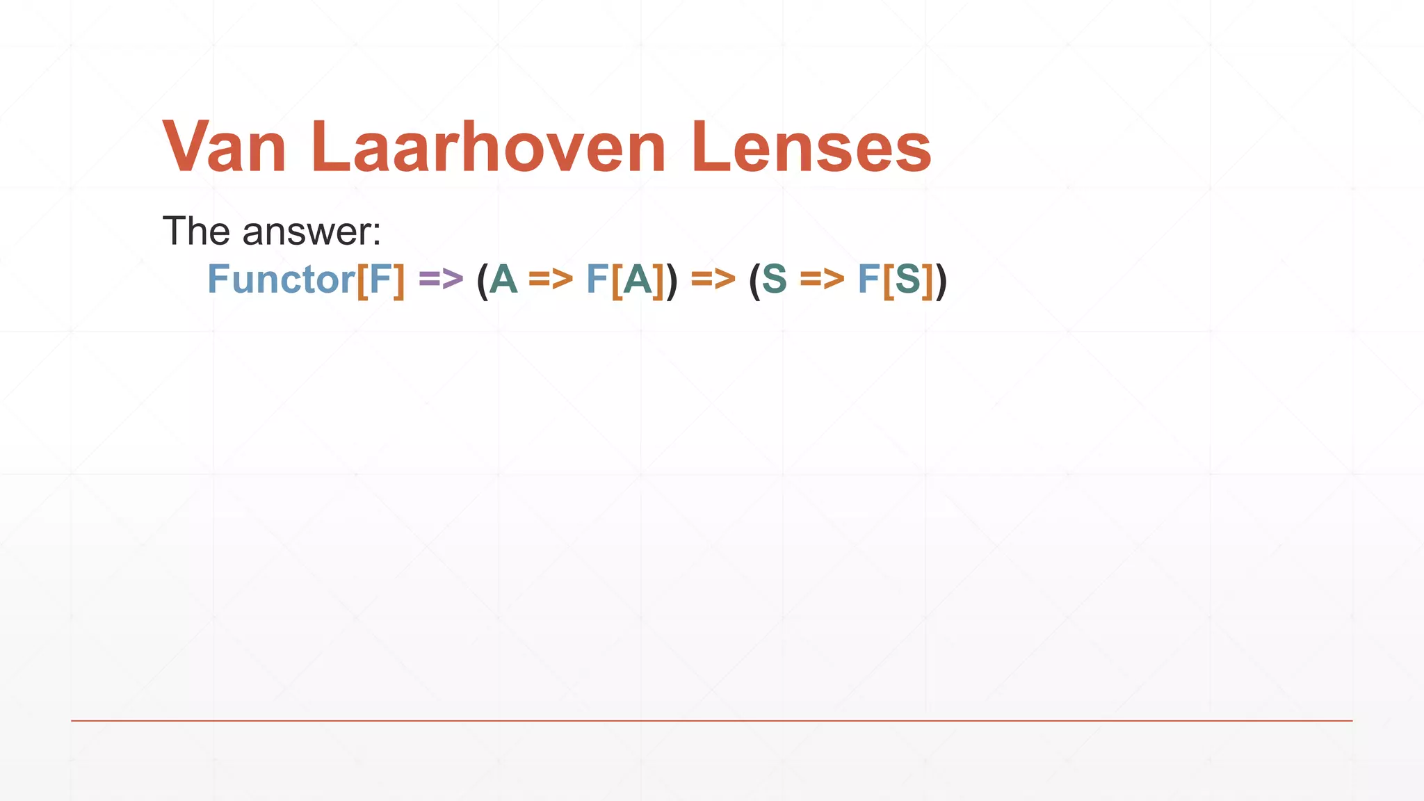 Van Laarhoven Lenses
The answer:
Functor[F] => (A => F[A]) => (S => F[S])
 