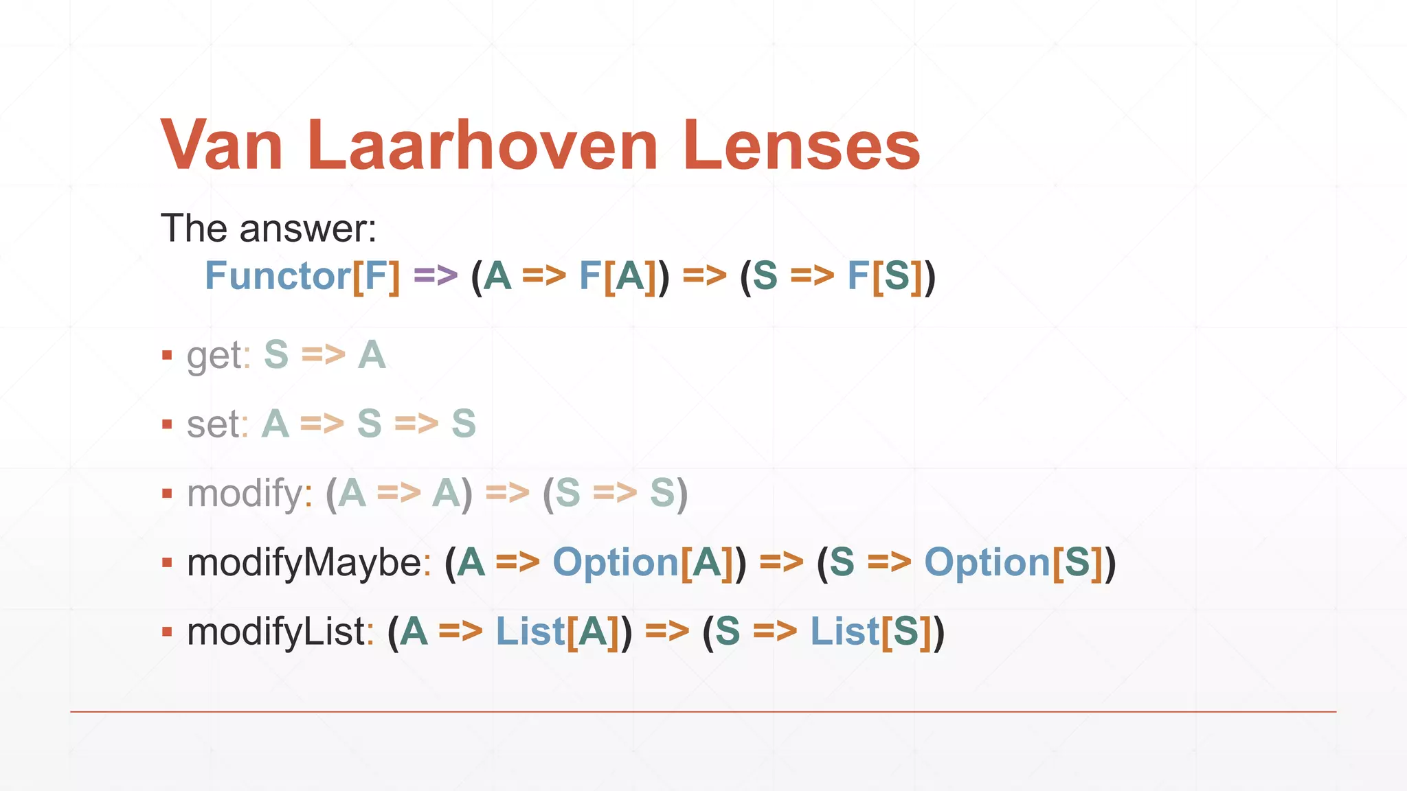 Van Laarhoven Lenses
The answer:
Functor[F] => (A => F[A]) => (S => F[S])
▪
▪
▪ :
▪ modifyMaybe: (A => Option[A]) => (S => Option[S])
▪ modifyList: (A => List[A]) => (S => List[S])
 