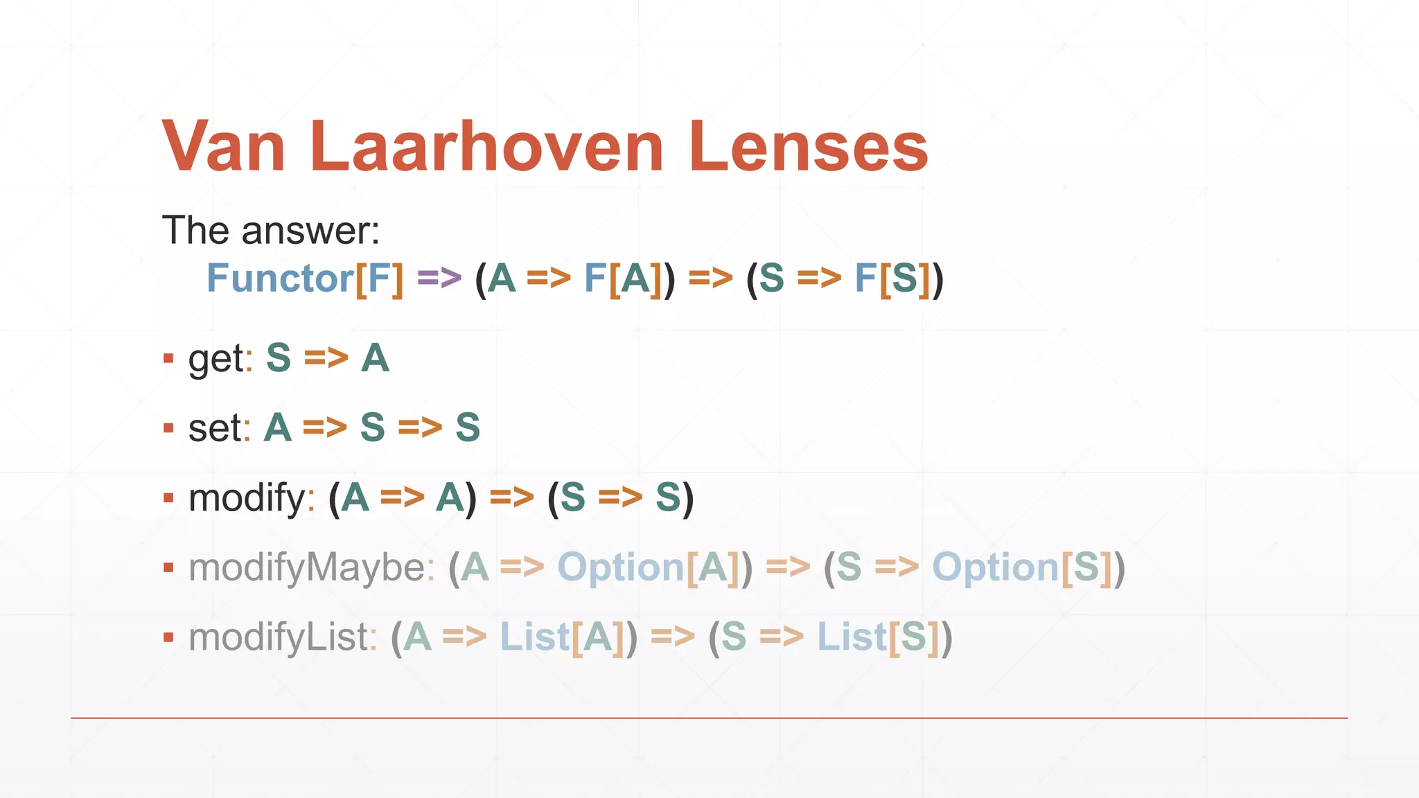 Van Laarhoven Lenses
The answer:
Functor[F] => (A => F[A]) => (S => F[S])
▪ get: S => A
▪ set: A => S => S
▪ modify: (A => A) => (S => S)
▪
▪
 