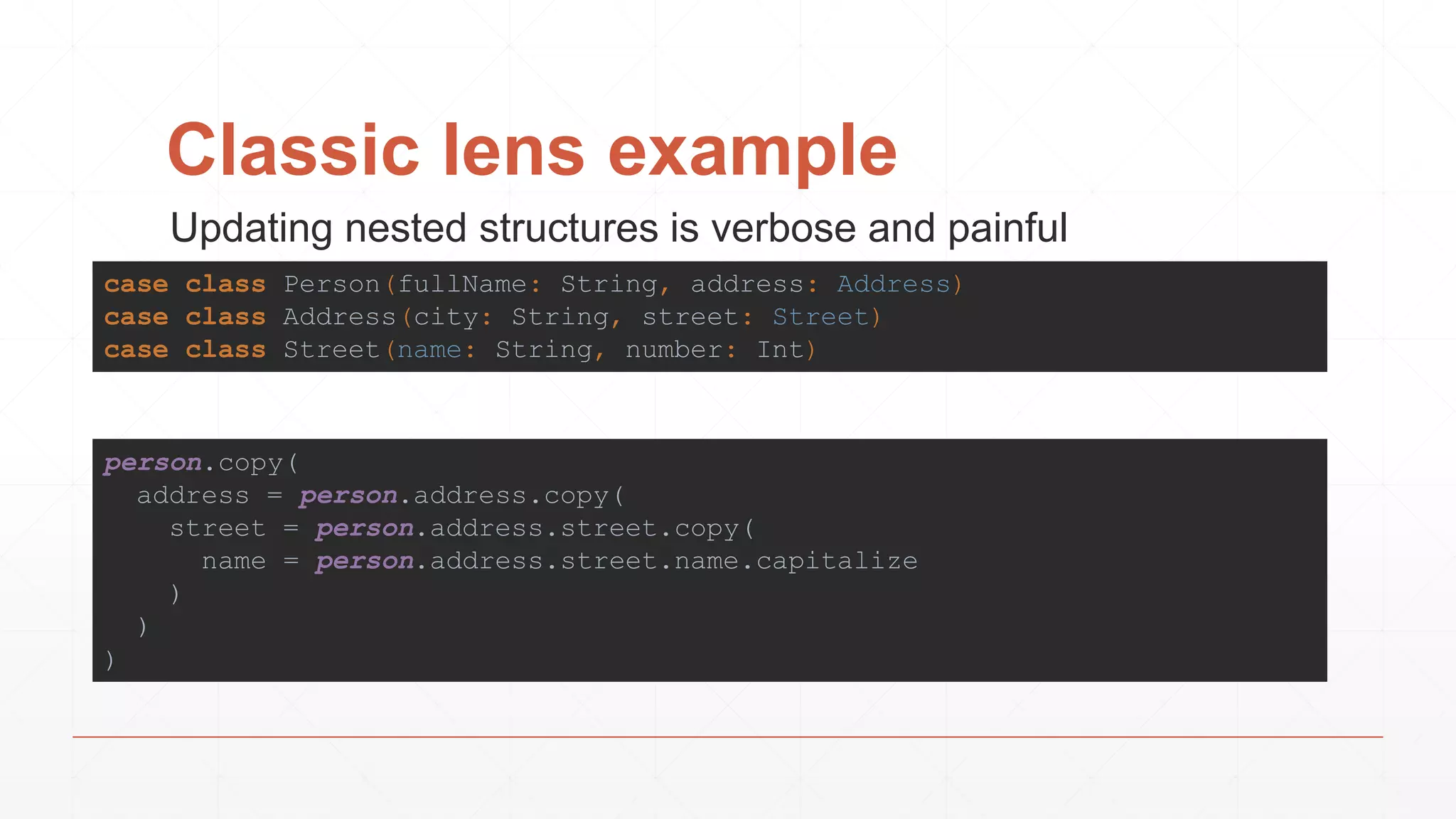 Classic lens example
person.copy(
address = person.address.copy(
street = person.address.street.copy(
name = person.address.street.name.capitalize
)
)
)
Updating nested structures is verbose and painful
case class Person(fullName: String, address: Address)
case class Address(city: String, street: Street)
case class Street(name: String, number: Int)
 