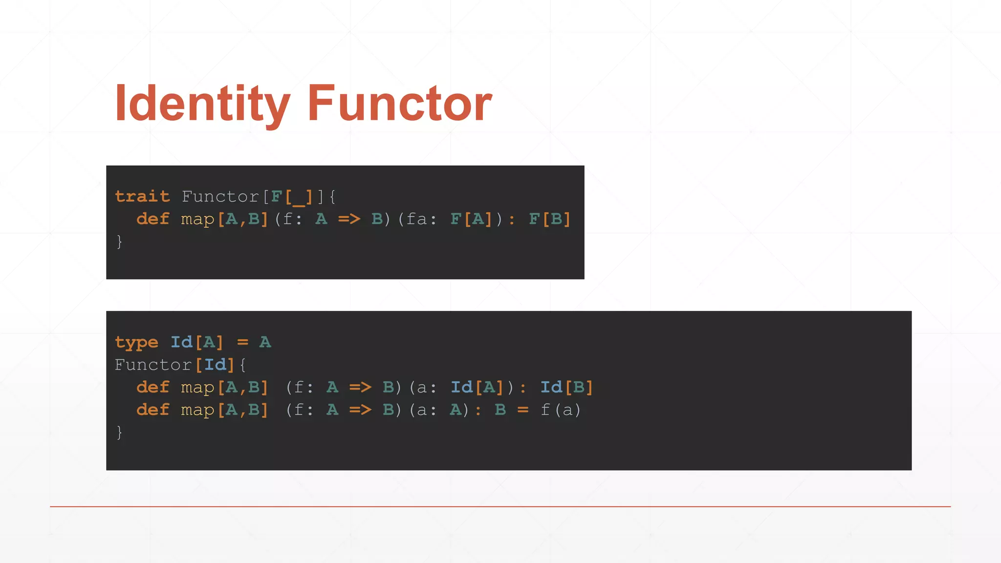 Identity Functor
trait Functor[F[_]]{
def map[A,B](f: A => B)(fa: F[A]): F[B]
}
type Id[A] = A
Functor[Id]{
def map[A,B] (f: A => B)(a: Id[A]): Id[B]
def map[A,B] (f: A => B)(a: A): B = f(a)
}
 