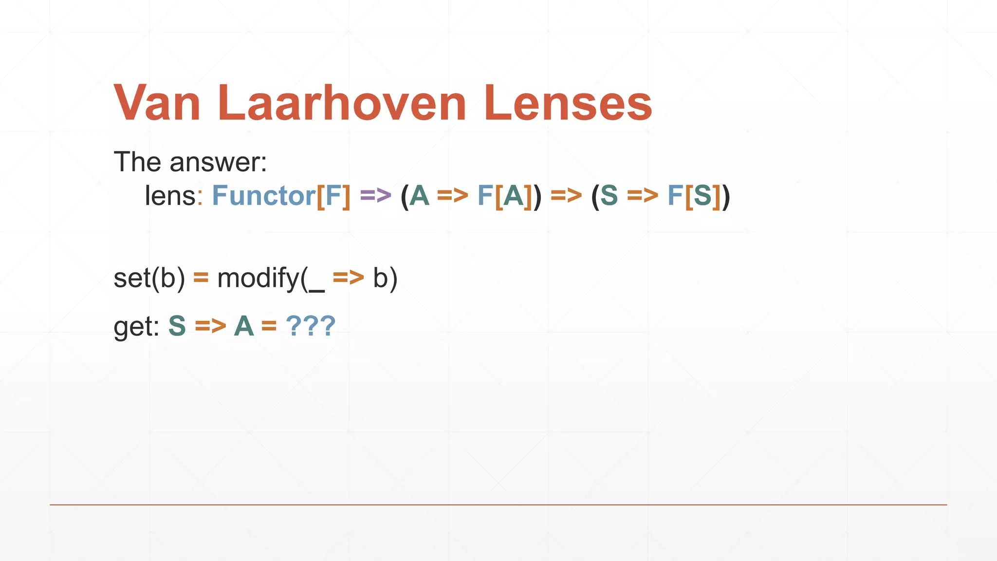 Van Laarhoven Lenses
The answer:
lens: Functor[F] => (A => F[A]) => (S => F[S])
set(b) = modify(_ => b)
get: S => A = ???
 