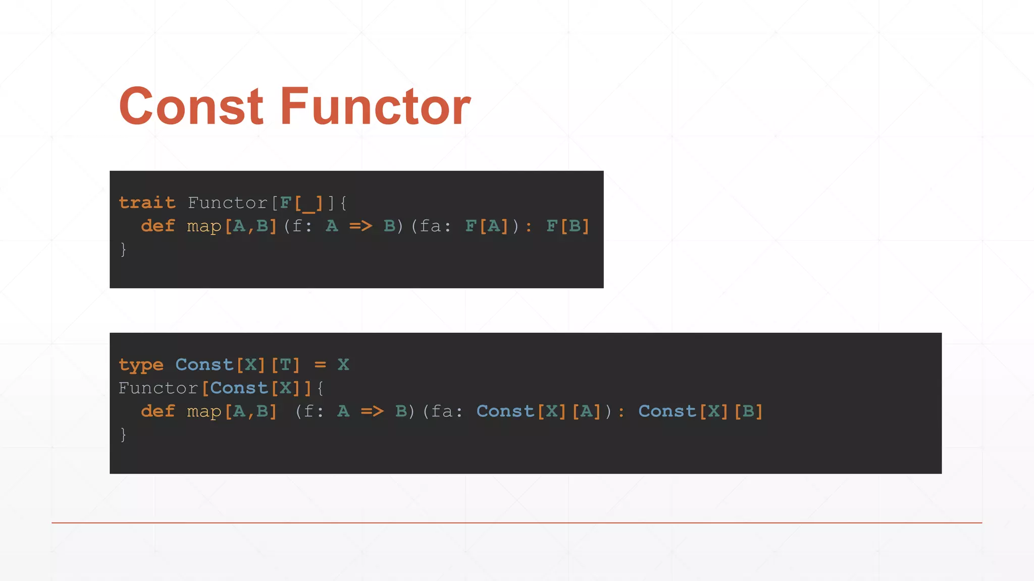 Const Functor
trait Functor[F[_]]{
def map[A,B](f: A => B)(fa: F[A]): F[B]
}
type Const[X][T] = X
Functor[Const[X]]{
def map[A,B] (f: A => B)(fa: Const[X][A]): Const[X][B]
}
 
